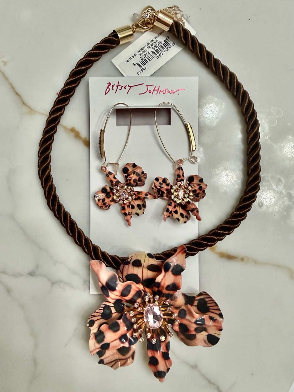 Betsey Johnson Brown & Black Leopard Flower Necklace with Matching Earrings - Picture 1 of 8